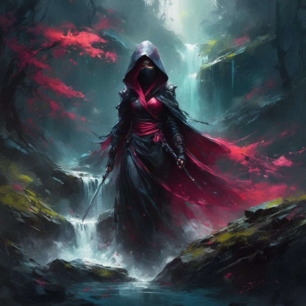 Hooded Ninja Portrait with Forest Waterfall