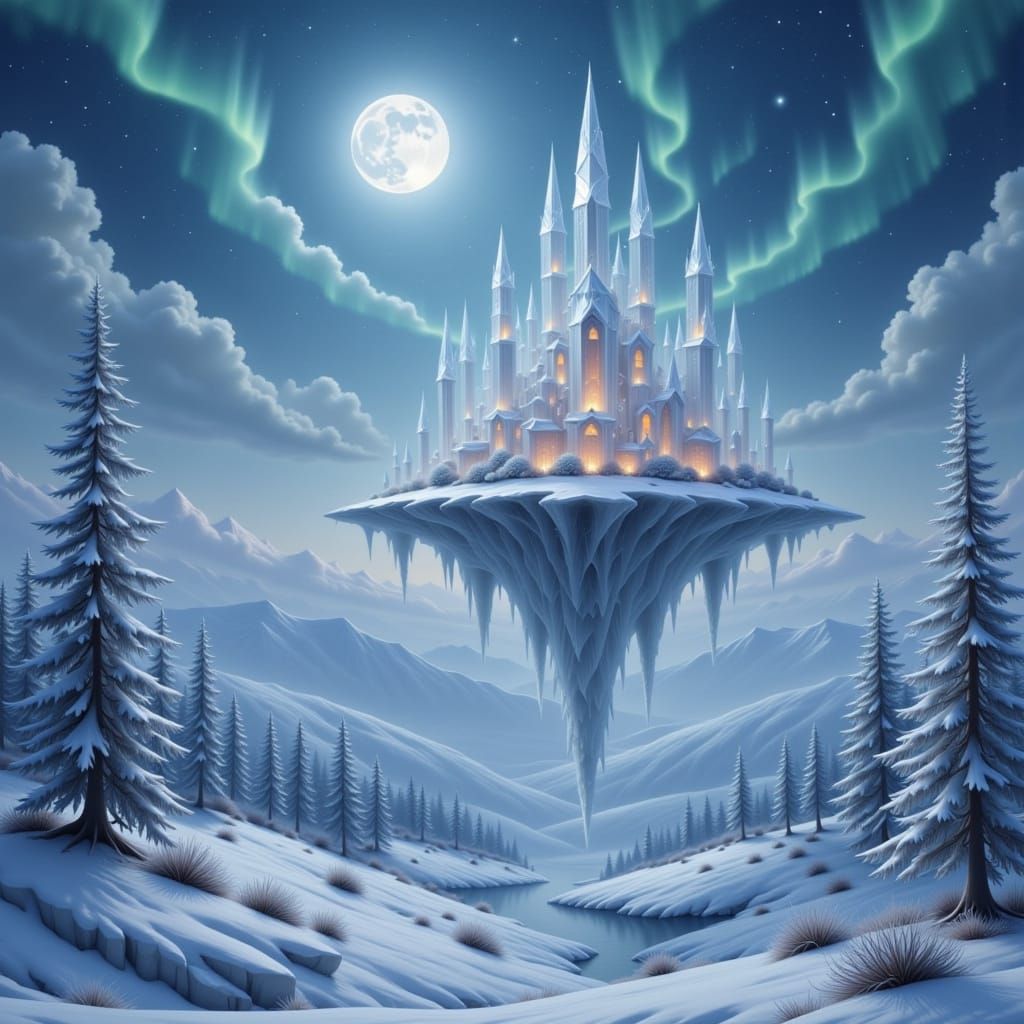 Crystal Castle on Floating Island Under Frozen Moon