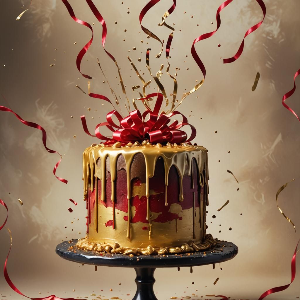 Hyperrealistic Gold Cake with Red Ribbons