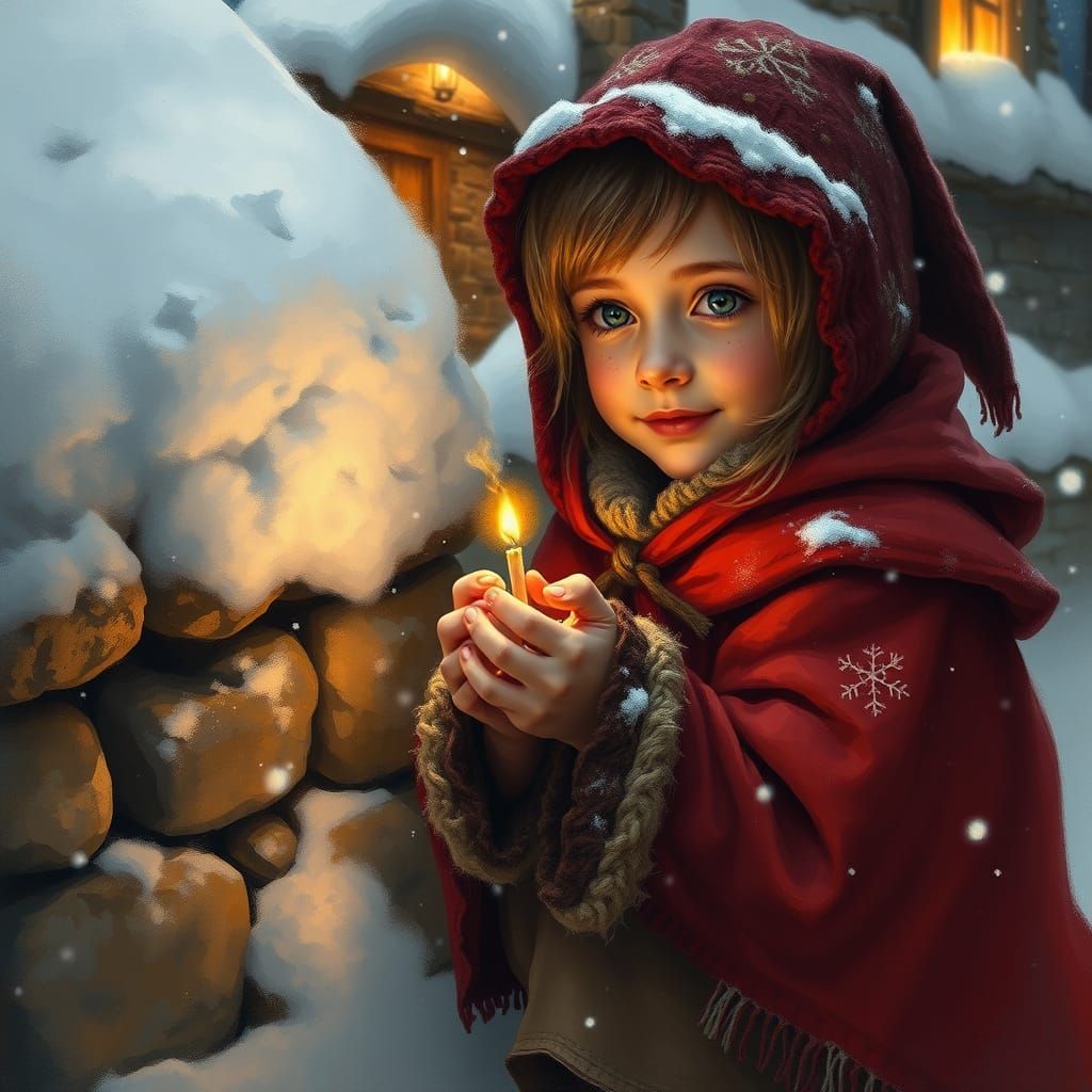 Young Girl in Crimson Cloak Beside Snowy Cottage