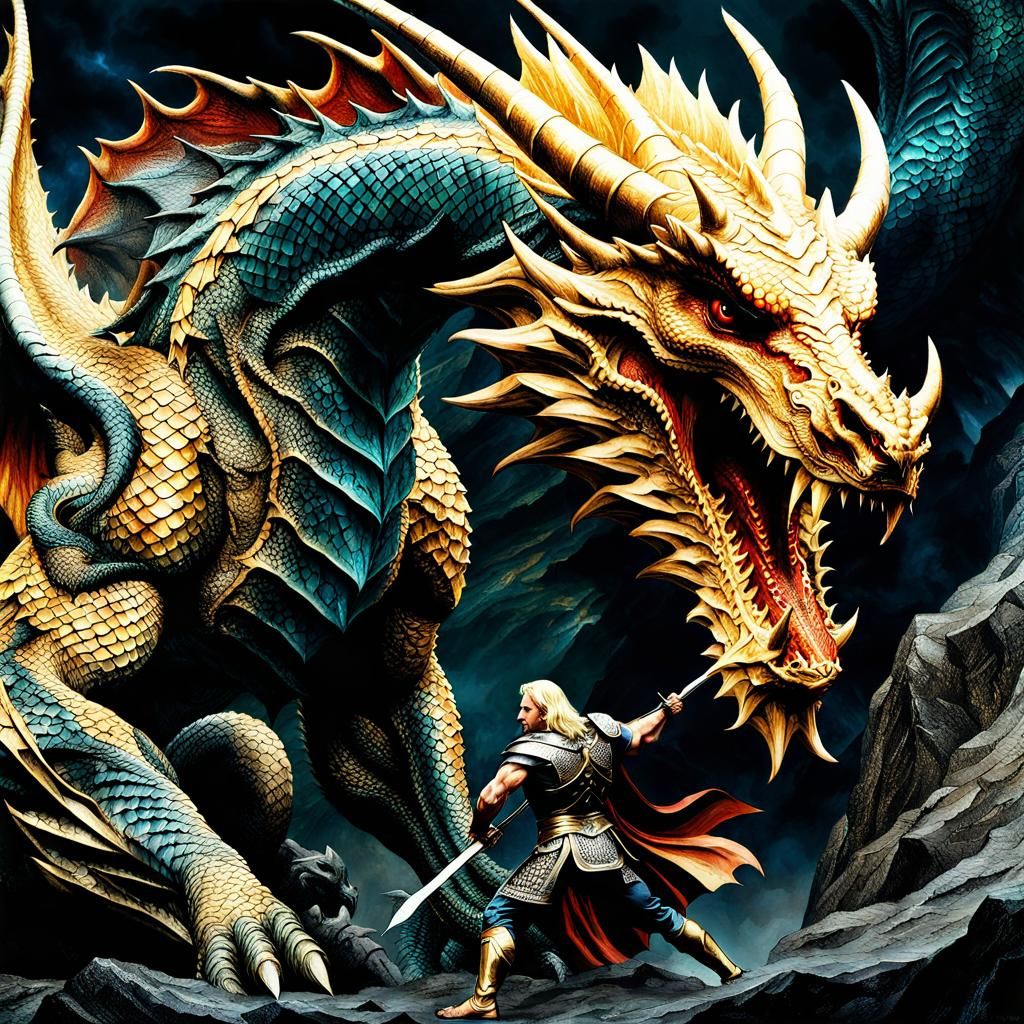 Siegfried Slaying Dragon Fafnir in Epic Battle