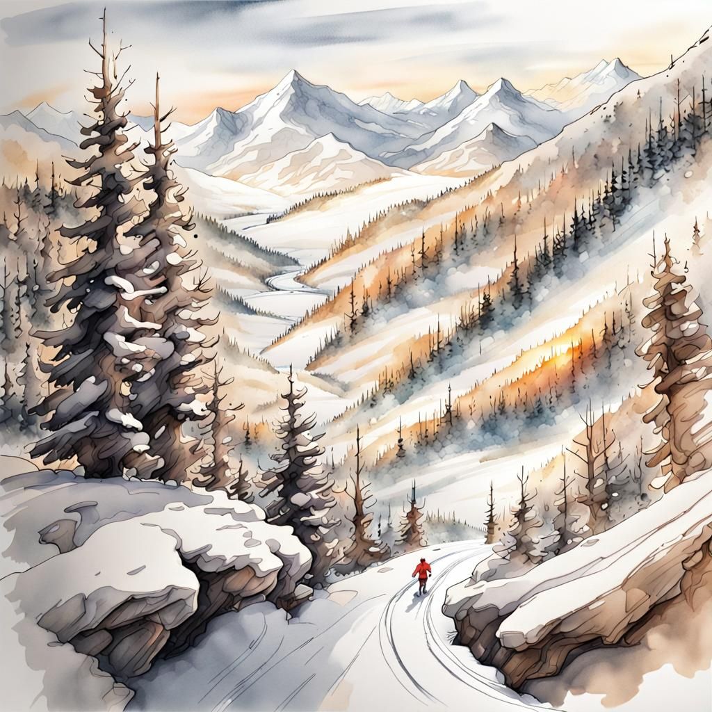 Skier Descending Snowy Hill in Watercolor Sketch