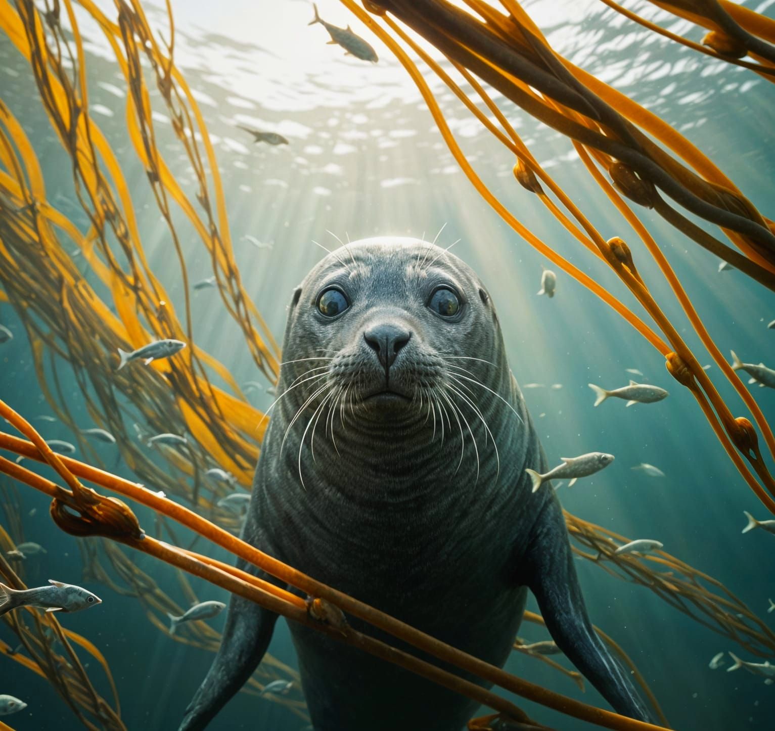 Hyperrealistic Seal in Kelp Forest