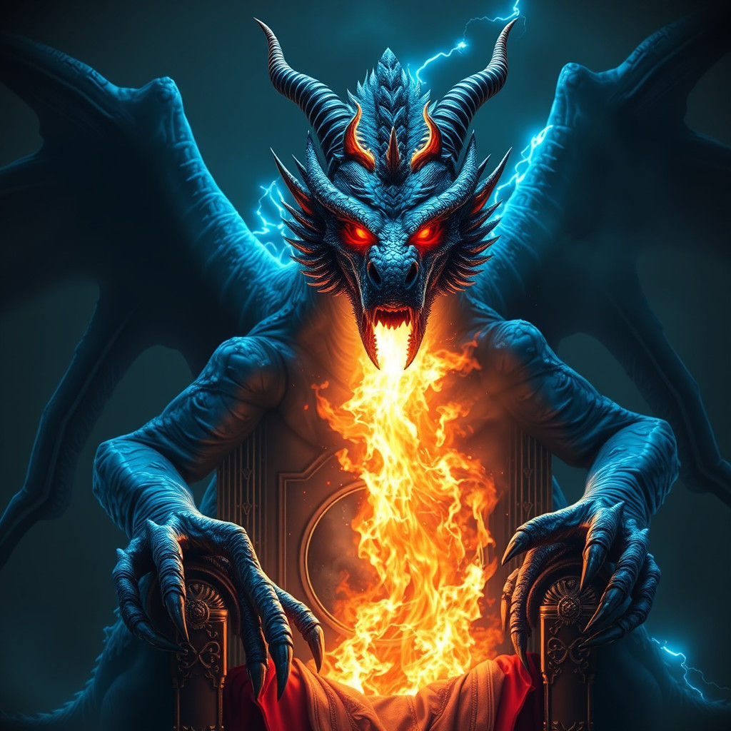 Majestic Blue Dragon on Throne, Matte Painting Style