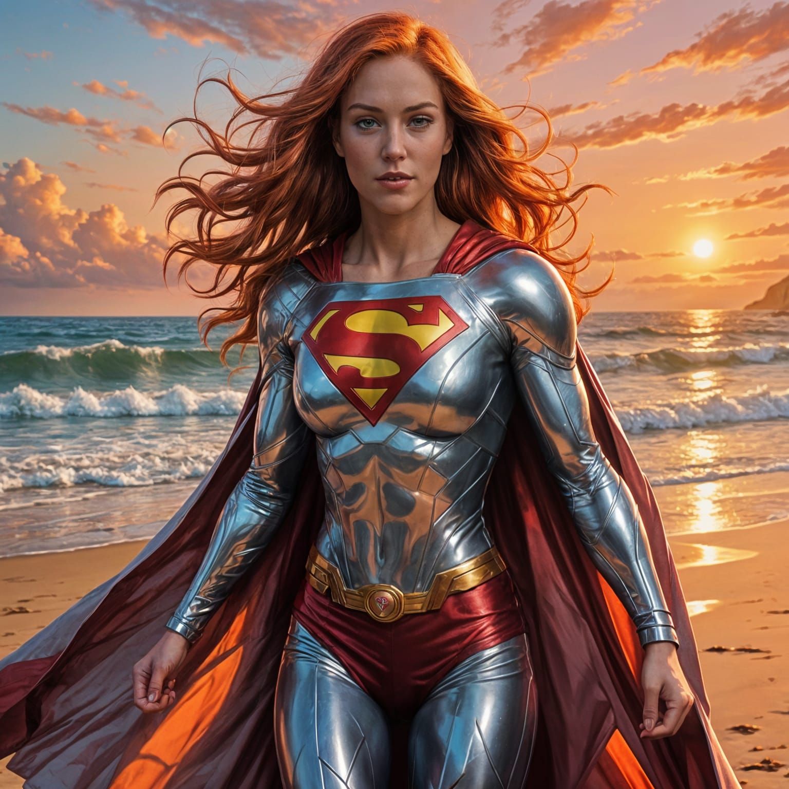 Red Haired Supergirl Walks Beach at Sunrise