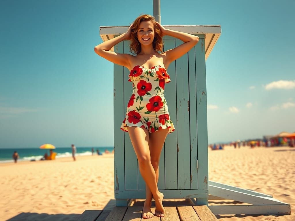 Retro Beach Scene: Woman in Floral Swimsuit