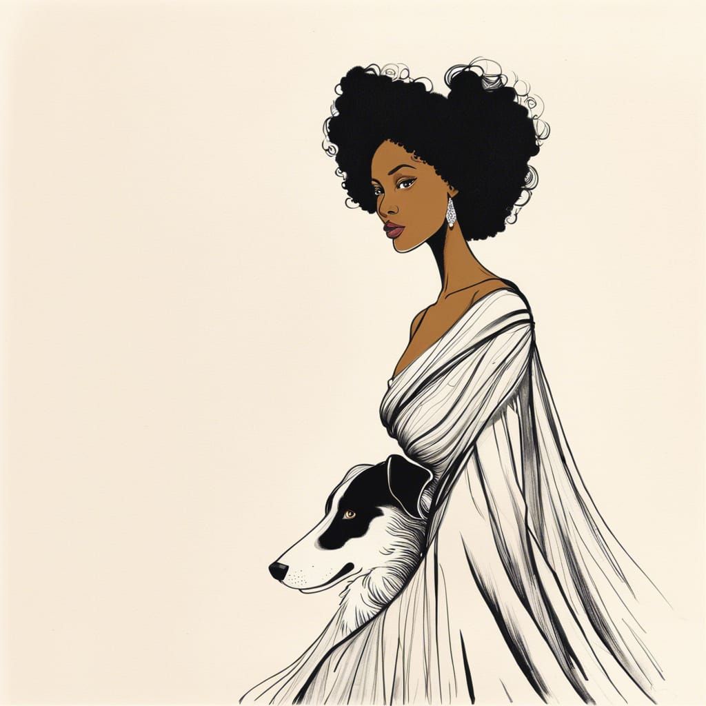 Elegant Woman and Dog: Minimalist Ink Sketch