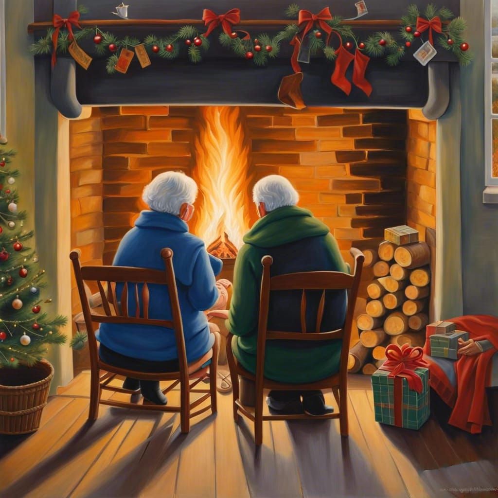 Heartwarming Christmas Scene of Elderly Couple by Fire