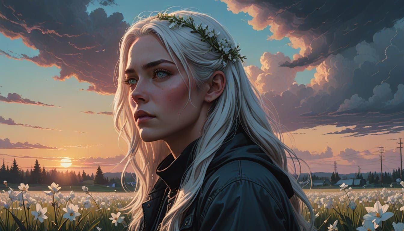 Hyper-Realistic Portrait of a Young Woman in a Sunset Field