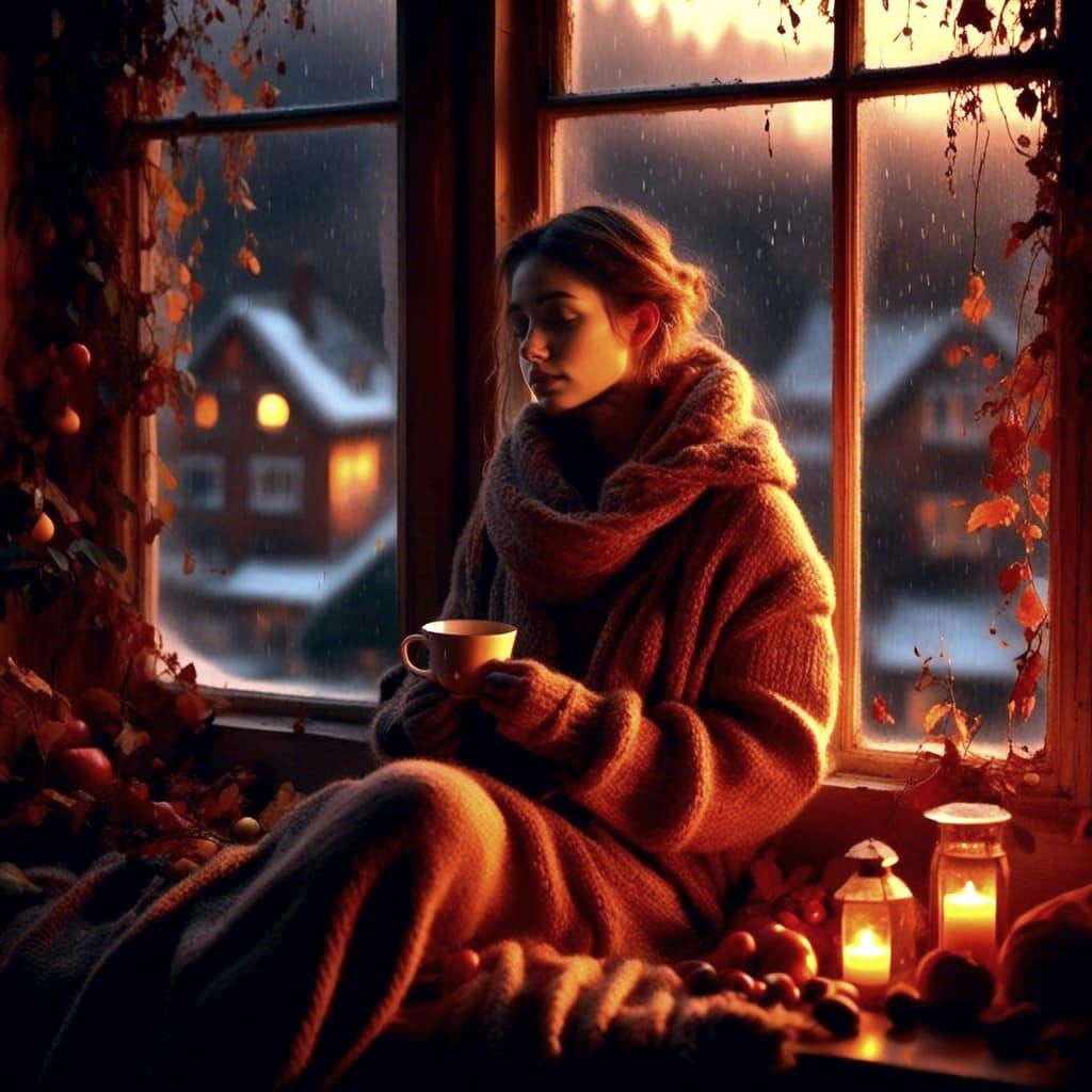 Impressionistic Woman Enjoys Stormy Autumn Day