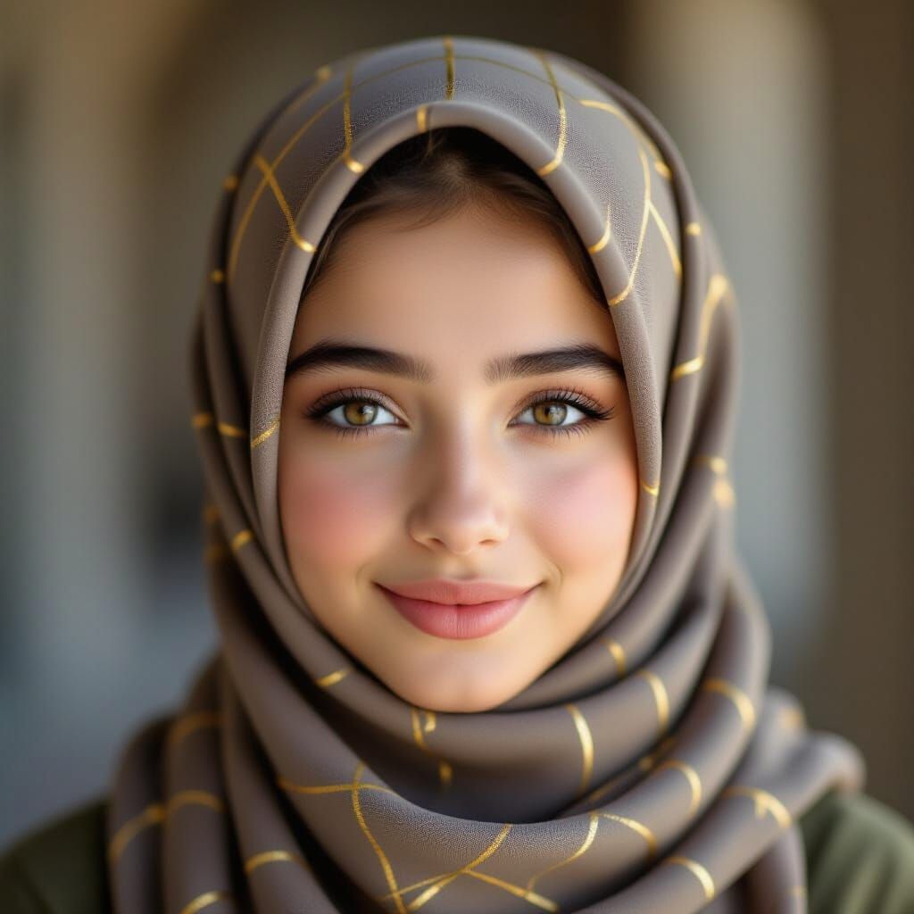 Teenager with Golden Grid Hijab Close-up Photo