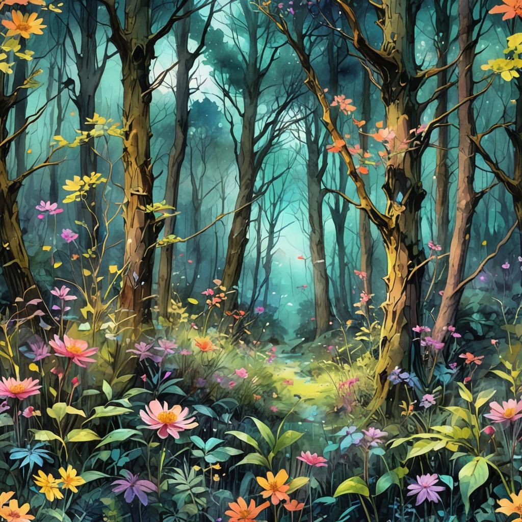 Beautiful Spring Forest in Digital Watercolor Style