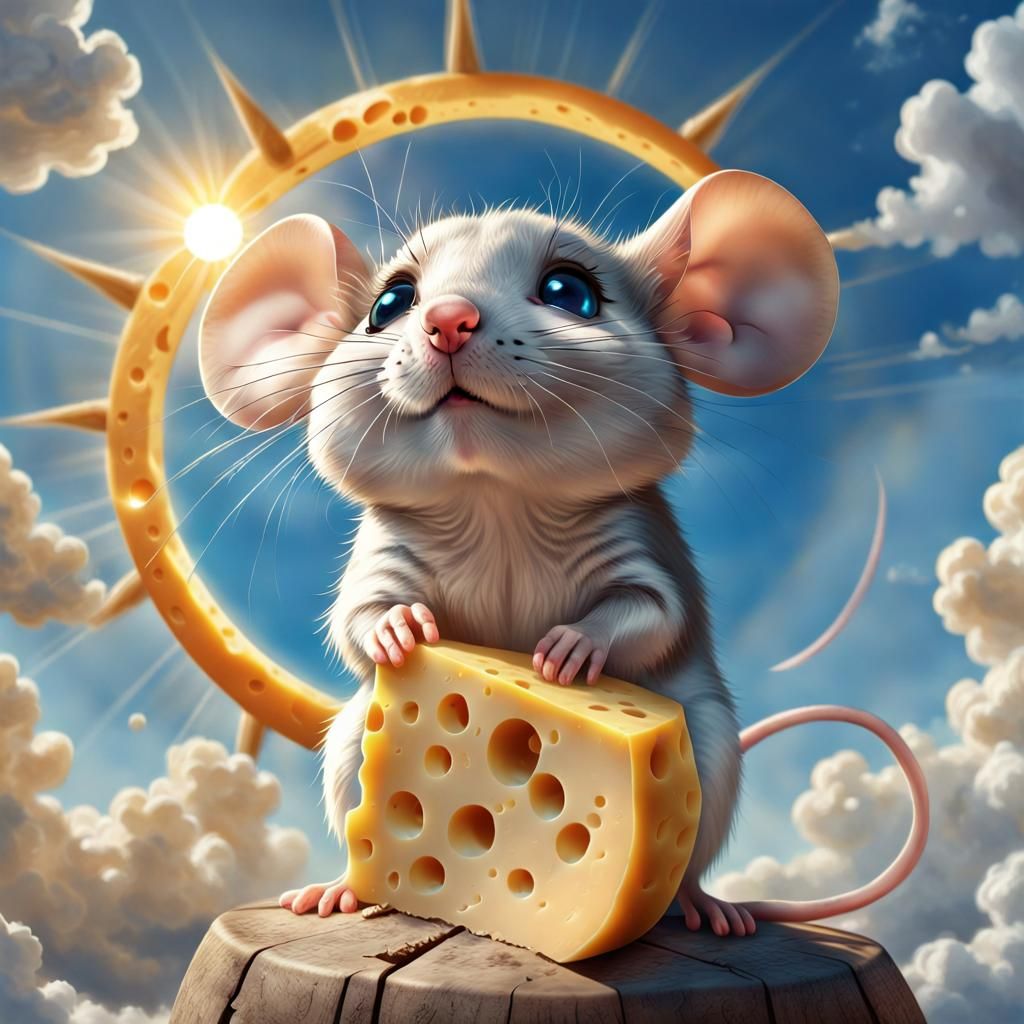 Mouse Admires Cheese Sun: Fantasy Digital Art