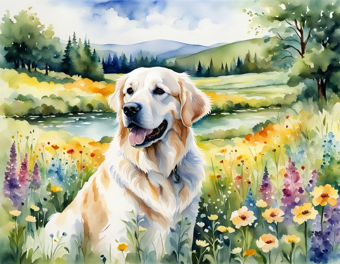 Golden Retriever in Wildflower Meadow Watercolor Portrait