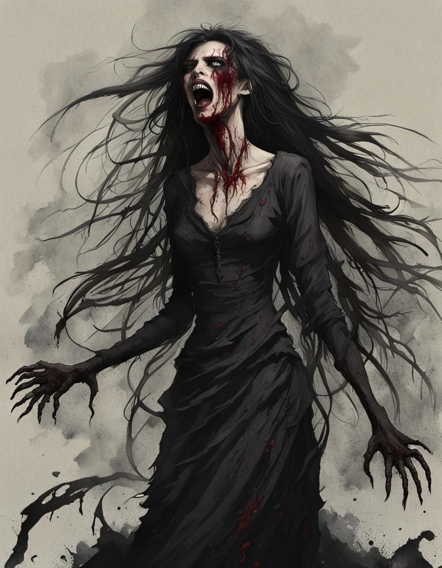 Ethereal Banshee Woman Screams in Darkness