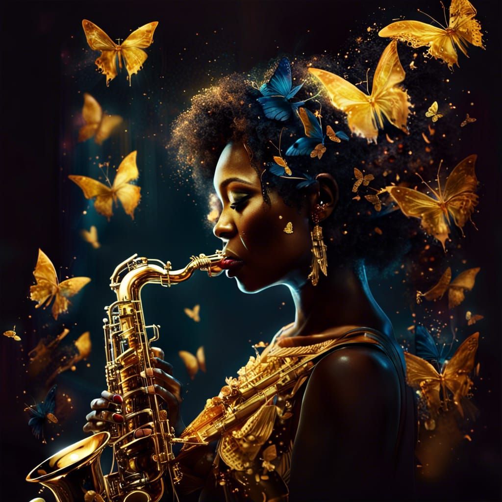 Woman Playing Saxophone with Butterflies, Detailed Matte Pai...