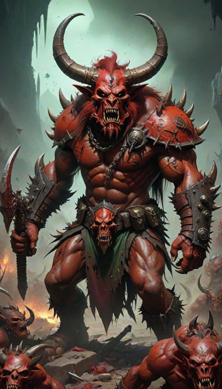 Beastmen Bestigor of Khorne in Hyperrealistic Oil Painting