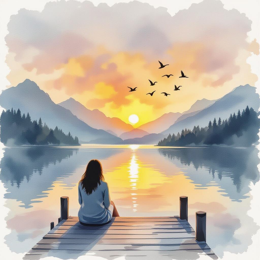 Serene Sunrise Over Mountains in Watercolor Style