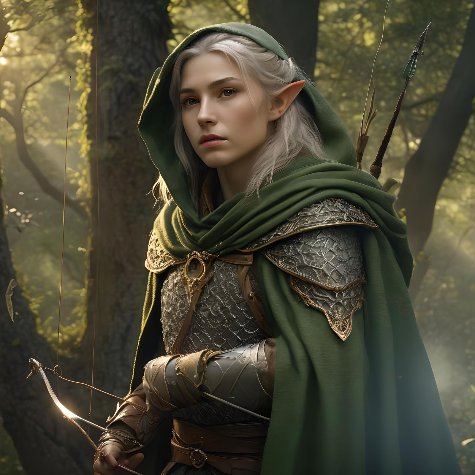 Elven Archer in Silver Mail and Green Cloak