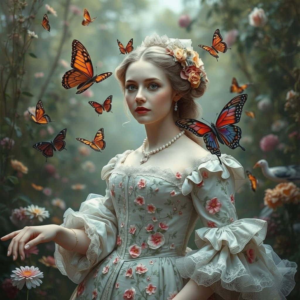 Noblewoman in Floral Dress with Butterflies in Surreal Garde...