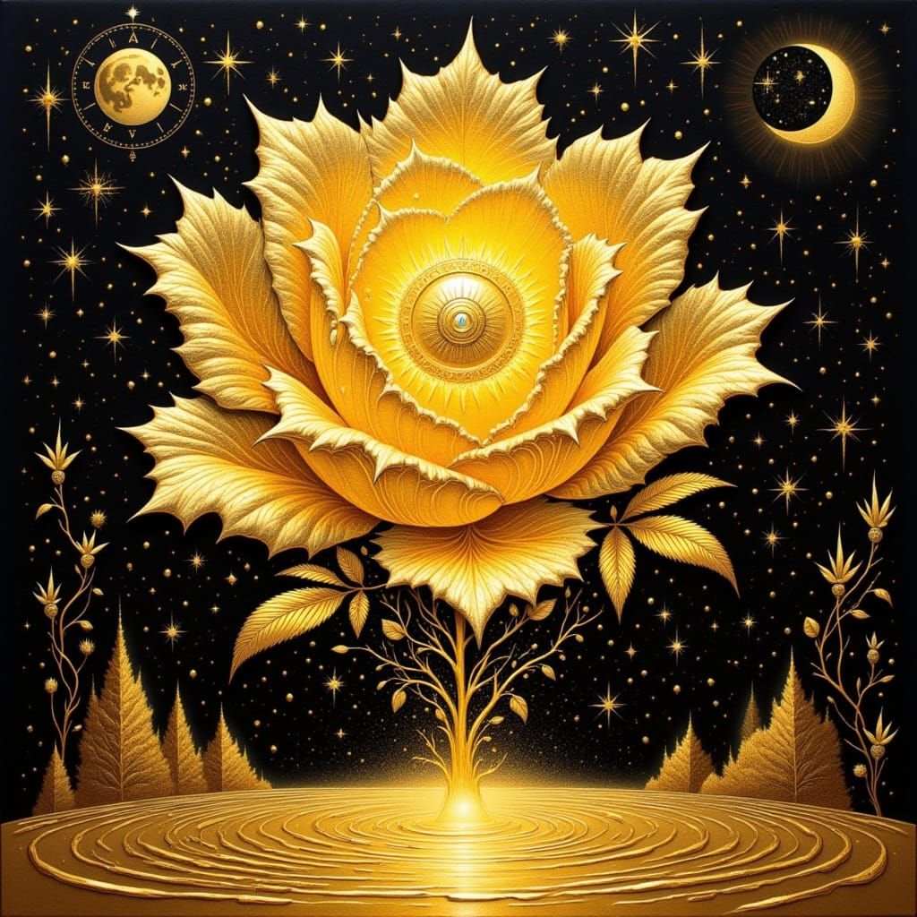 Golden Rose with Cannabis Glyphs in Surreal Style