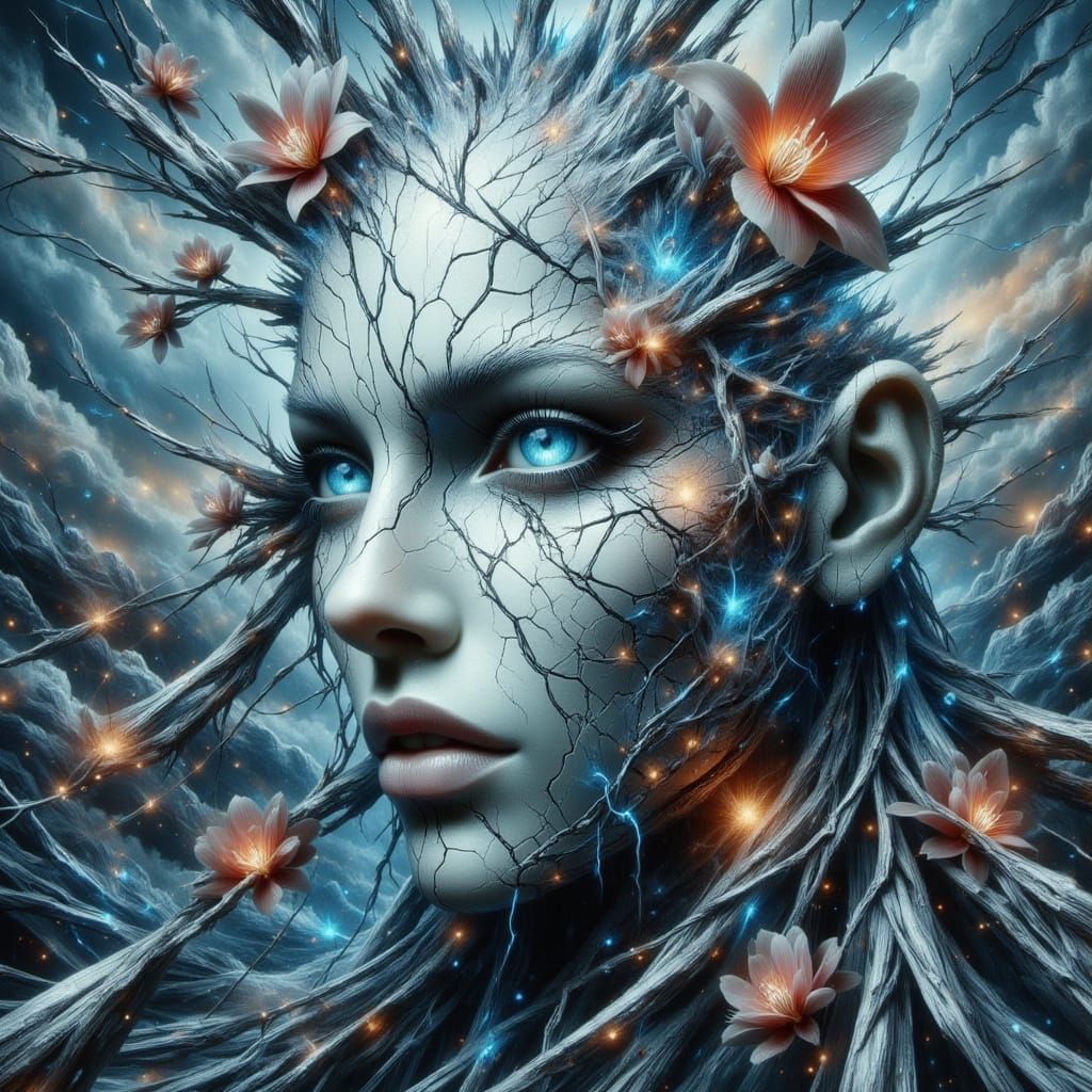 Surreal Hyper-Detailed Mountain Goddess with Intricate Labyr...