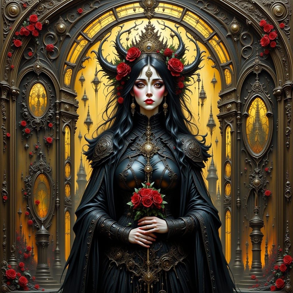 Gothic Beauty in Impasto Style with Victorian Background