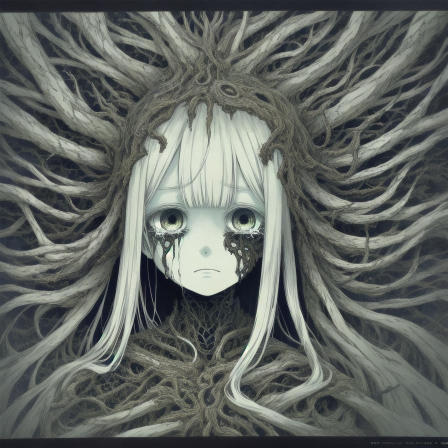 Intricately Detailed Manga Scan of a Sad Anime Girl
