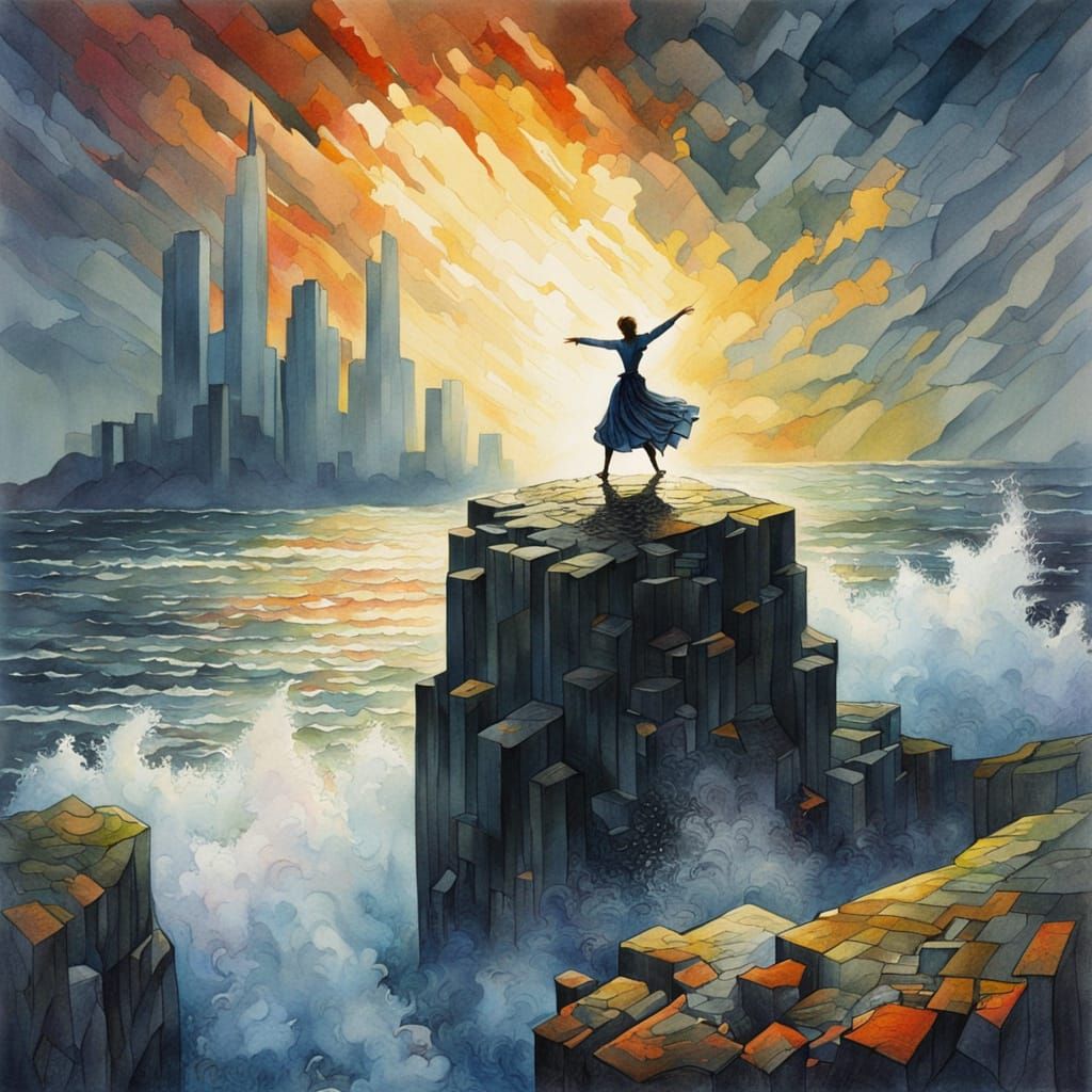 Dancer Silhouetted on Cliffs Over Stormy Sea