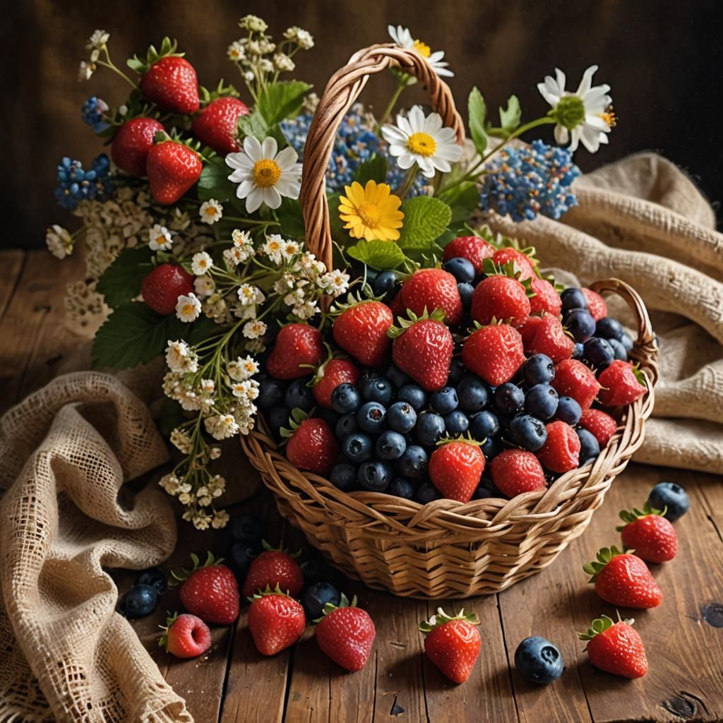 Baroque Still Life with Berries and Wildflowers