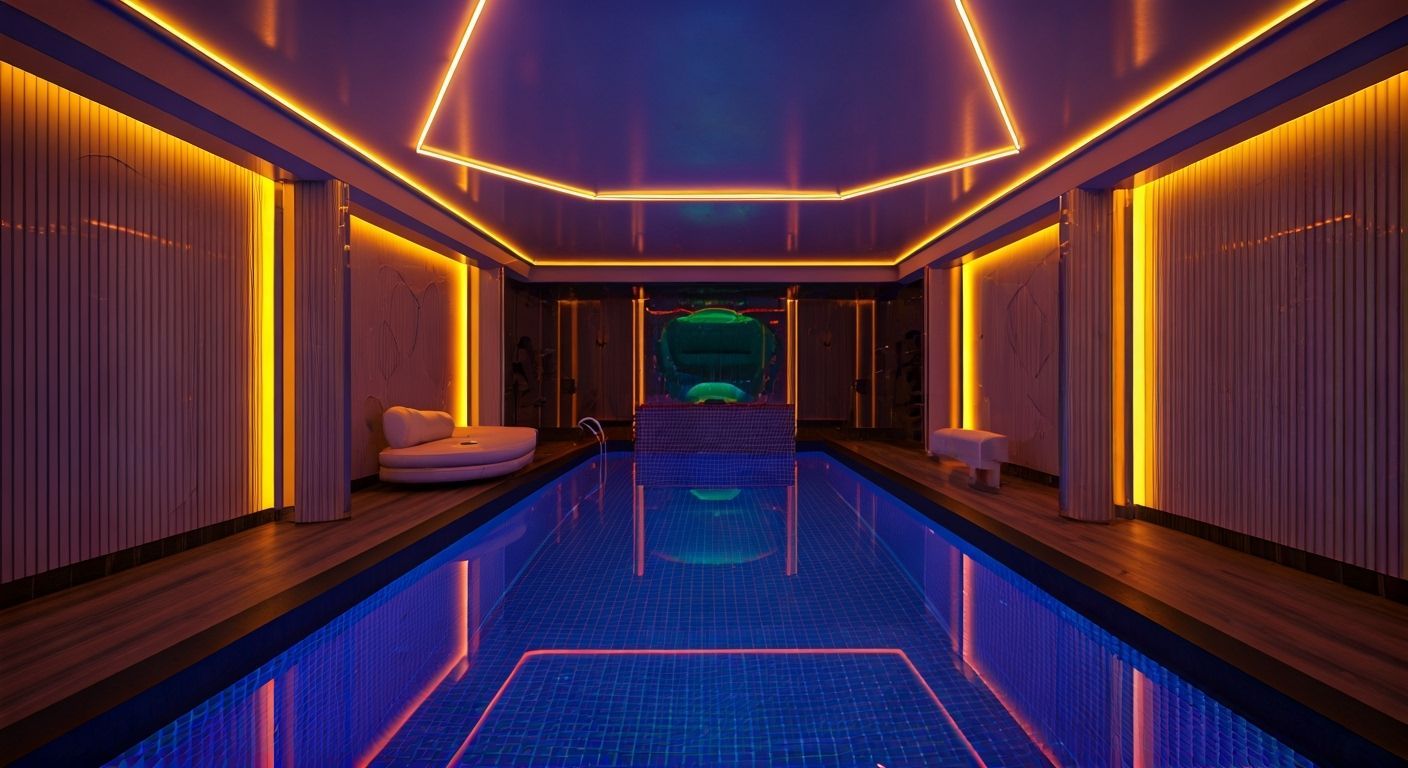 Futuristic Swimming Poolroom with Neon Lights, in Space Age ...