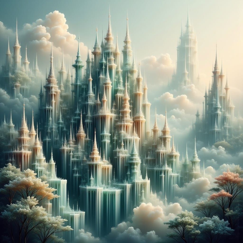 Ethereal Glass Castle in Dreamlike Landscape