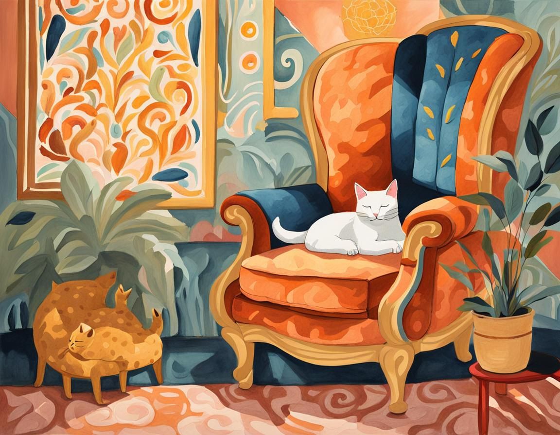 Cozy Cat in Whimsical Gouache Interior