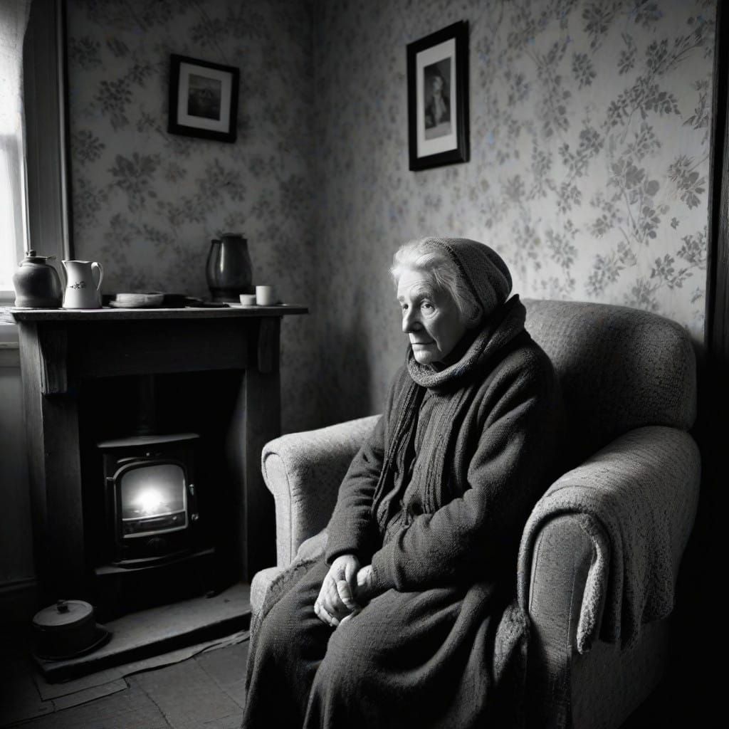 Frail Elderly Woman Warms Herself in a Chilly Sitting Room