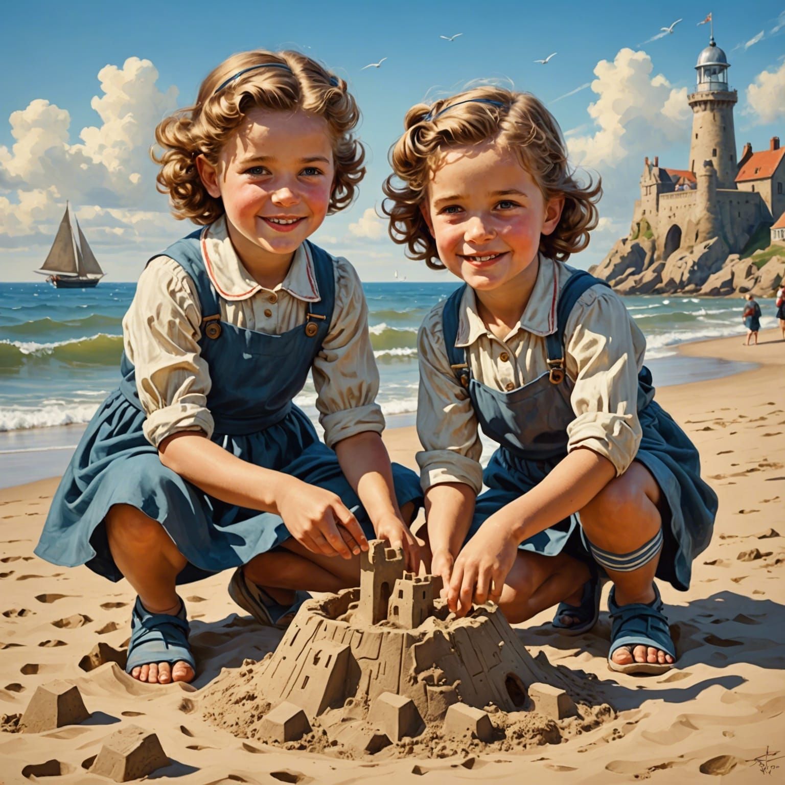 Two Happy children in 1950 on the English seaside making a sandcastle.
