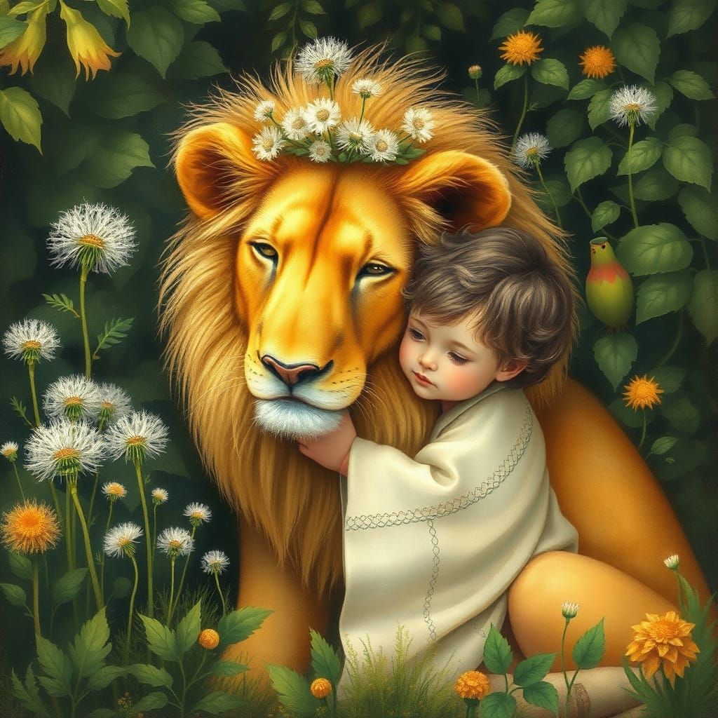 Whimsical Child and Golden Lion in Enchanted Garden