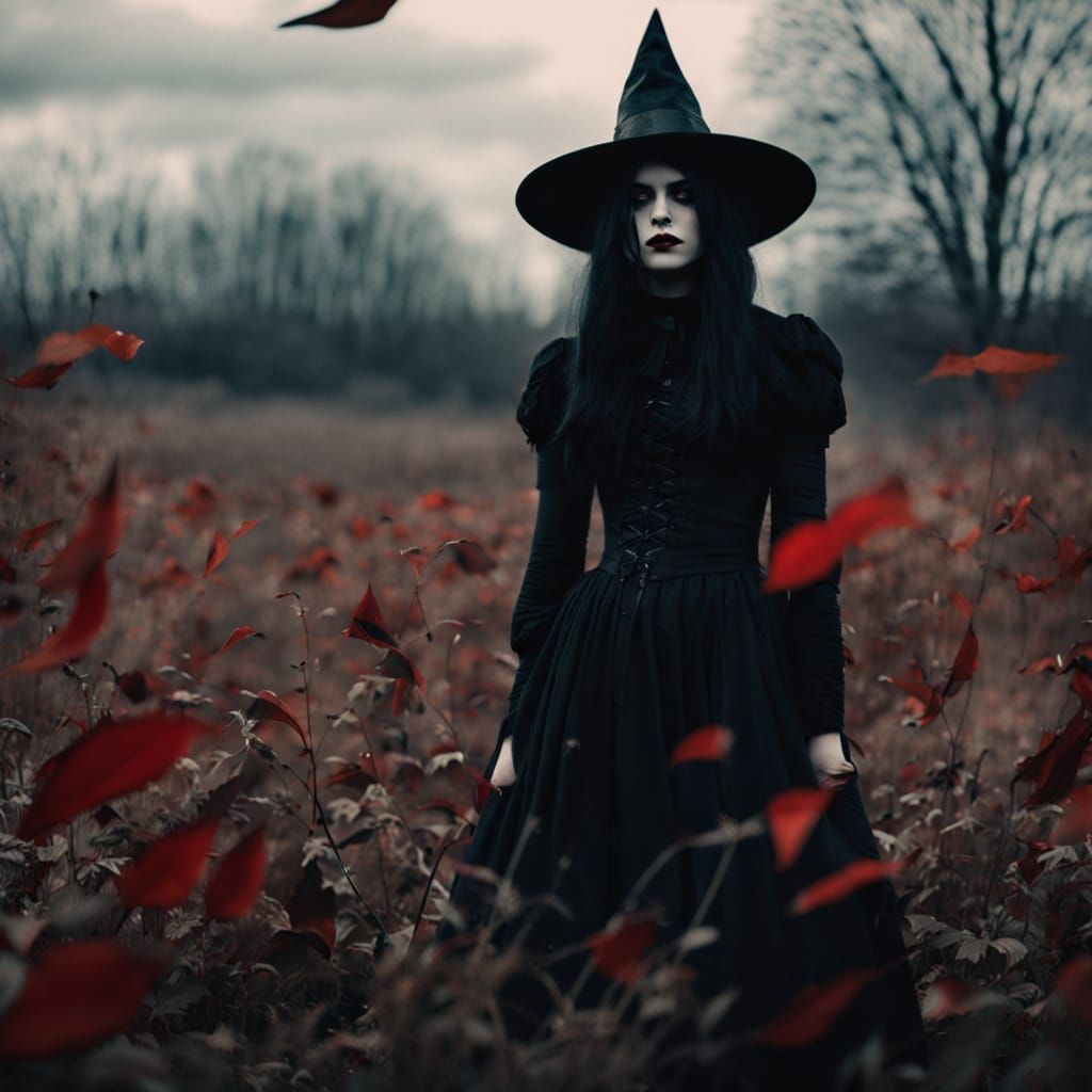 Gothic Model in Autumn Field, Oil Painting Style