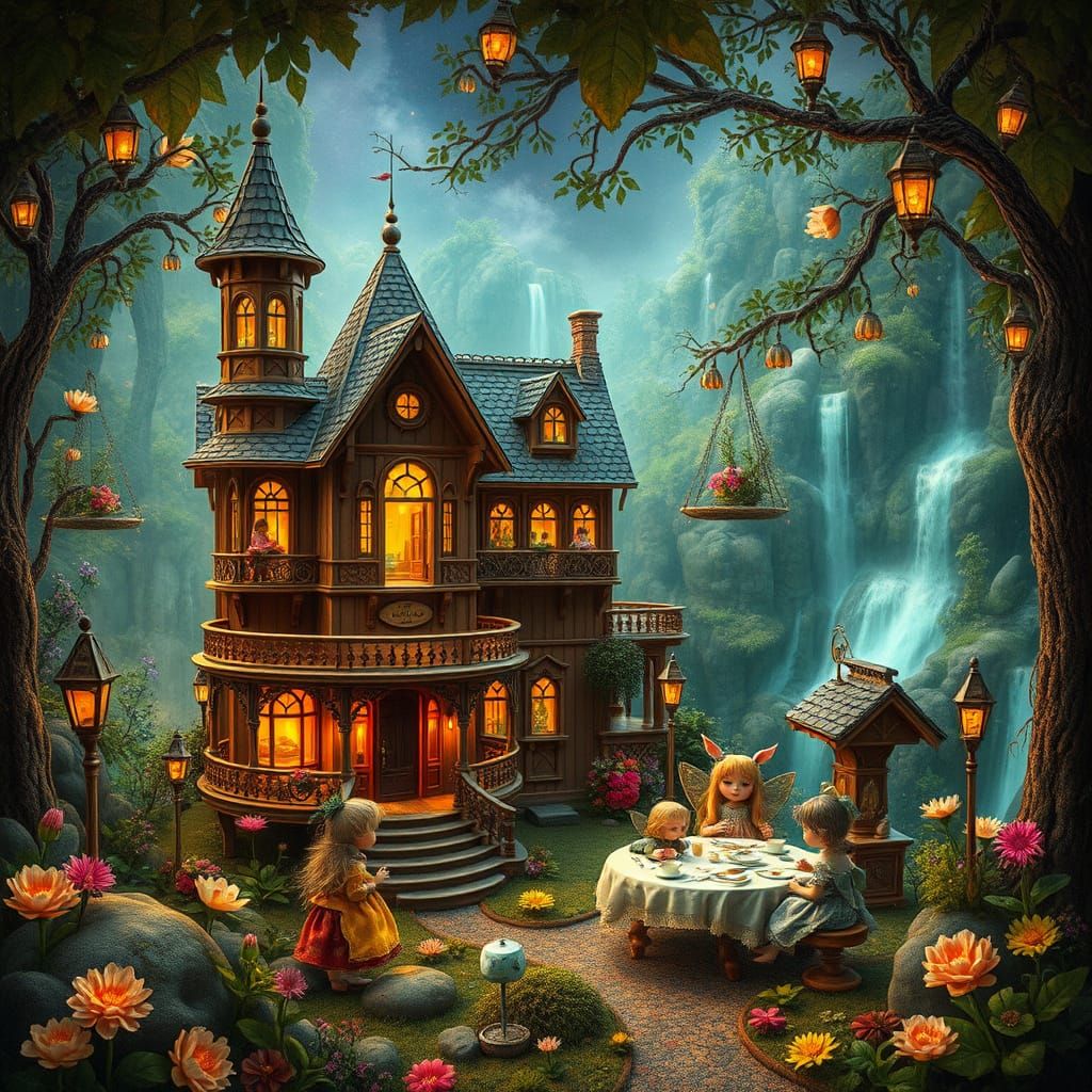 Whimsical Victorian Doll Mansion in Bioluminescent Garden