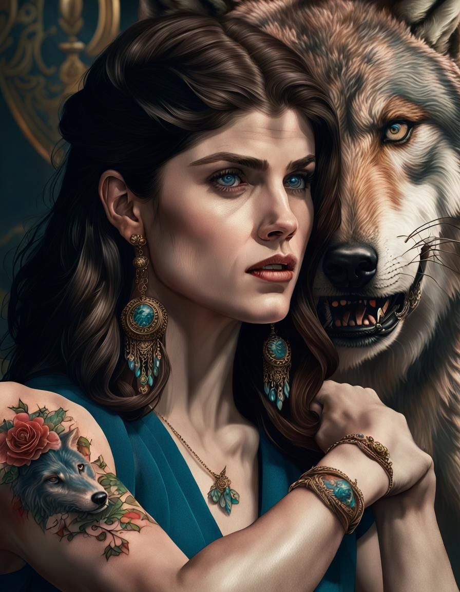 Alexandra Daddario Wolf Tattoo: Digital Art Portrait