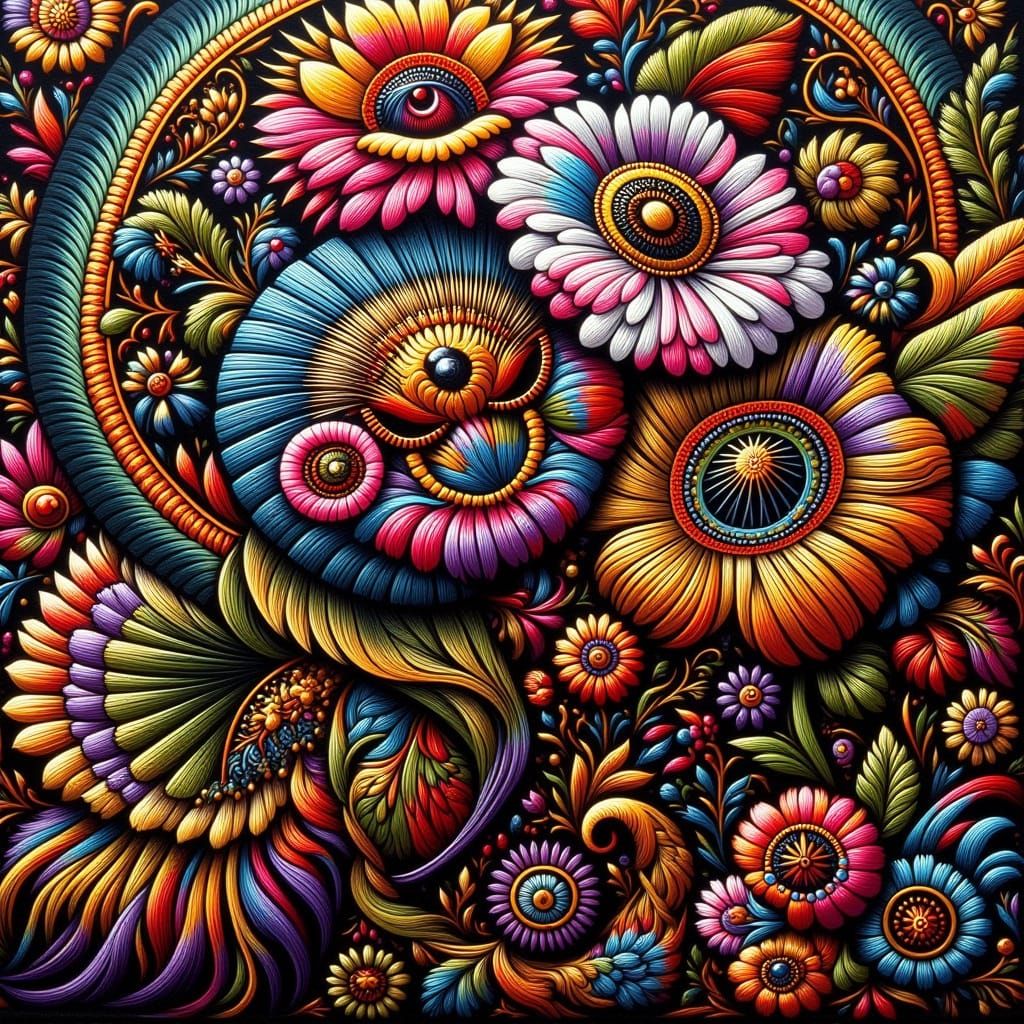 Intricately Embroidered Fabric in Vibrant Colors, Hyperreali...