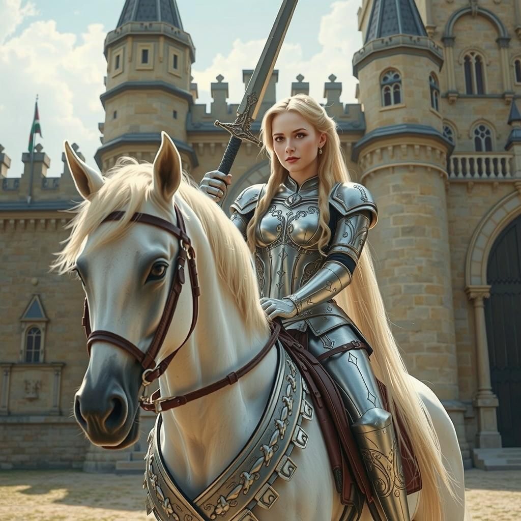 Medieval Maiden on White Horse with Sword