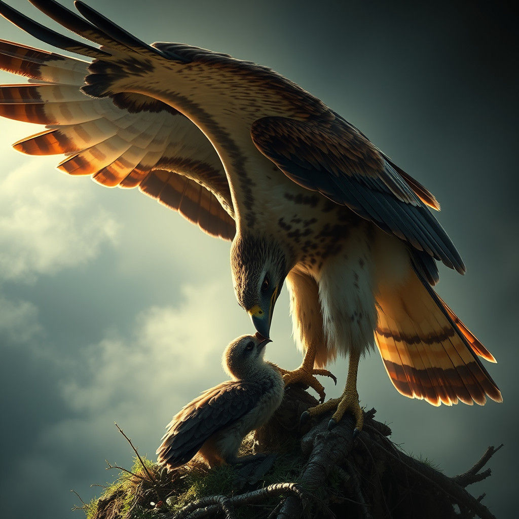 Red-Tailed Hawk Feeding Young: Digital Matte Painting