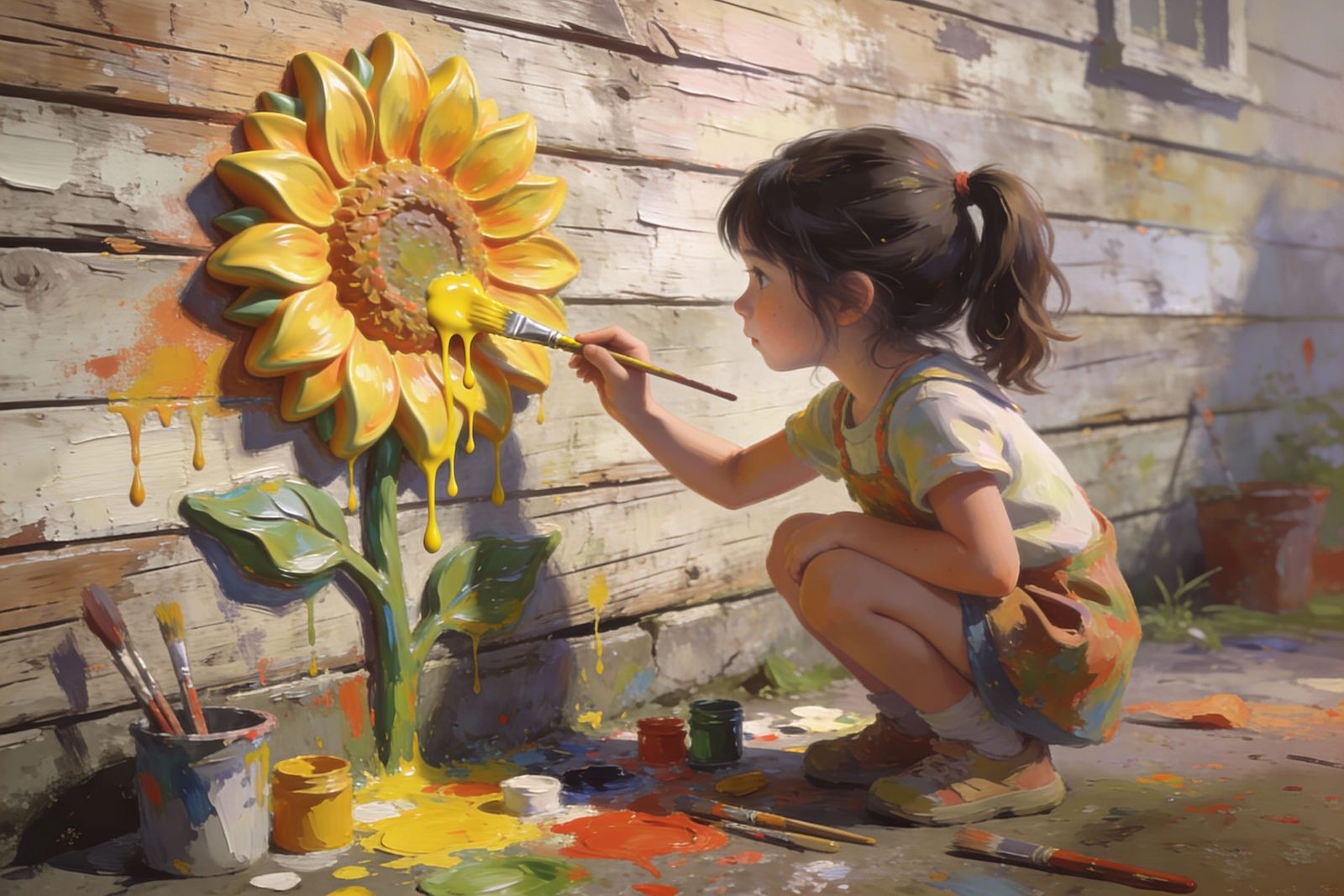 Girl Paints 3D Sunflower on Wood Wall