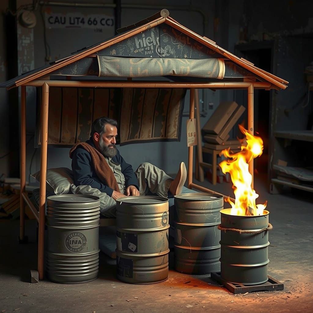 Struggling Homeless Figure Under Abandoned Roof