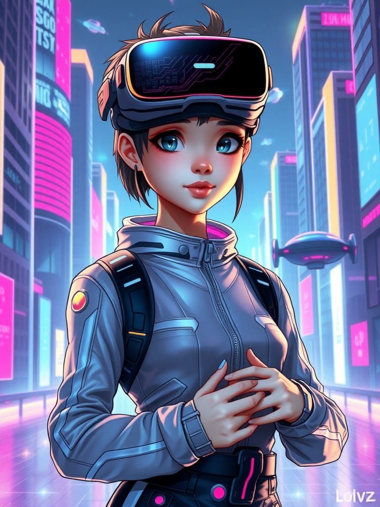 Cyberpunk Girl with VR Headset in Futuristic City