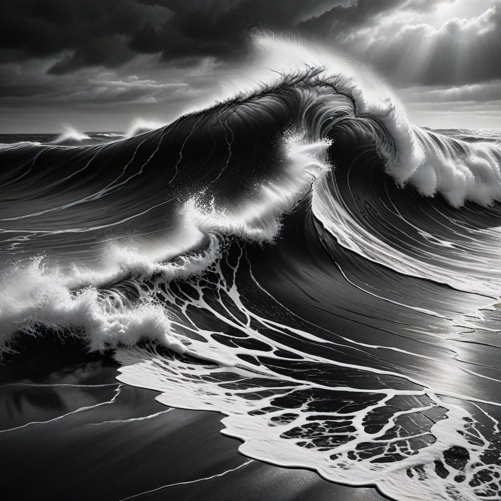 Monochrome Wave Crashes Ashore: Charcoal Drawing
