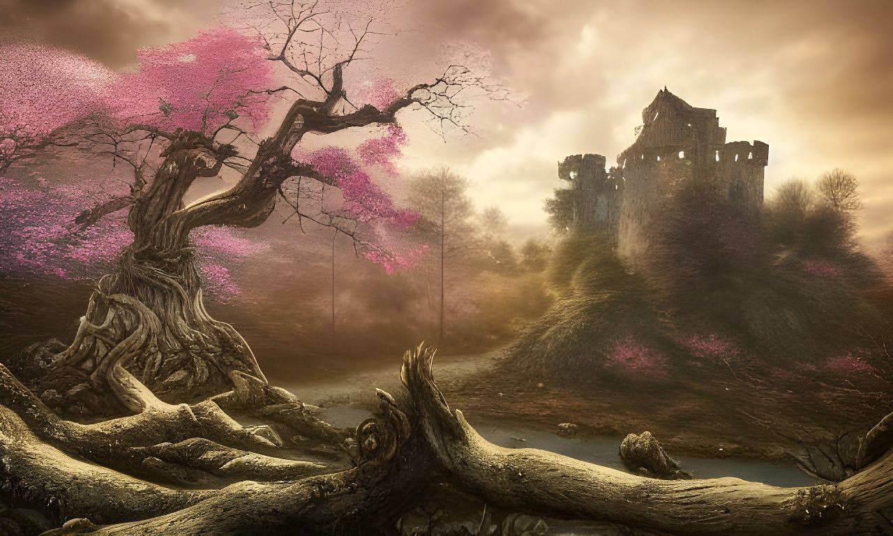 Serene Ruins: Sakura Trees and Golden Hour Nebulae