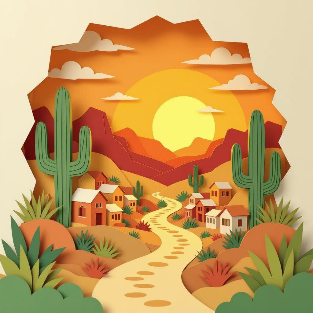 Whimsical Papercraft Desert Village at Sunset
