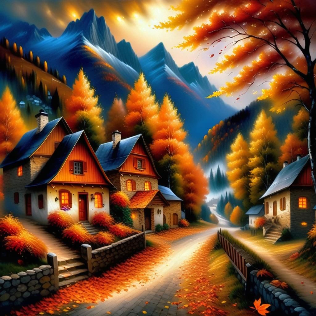 Picturesque Autumn Village Scene with Vibrant Colors