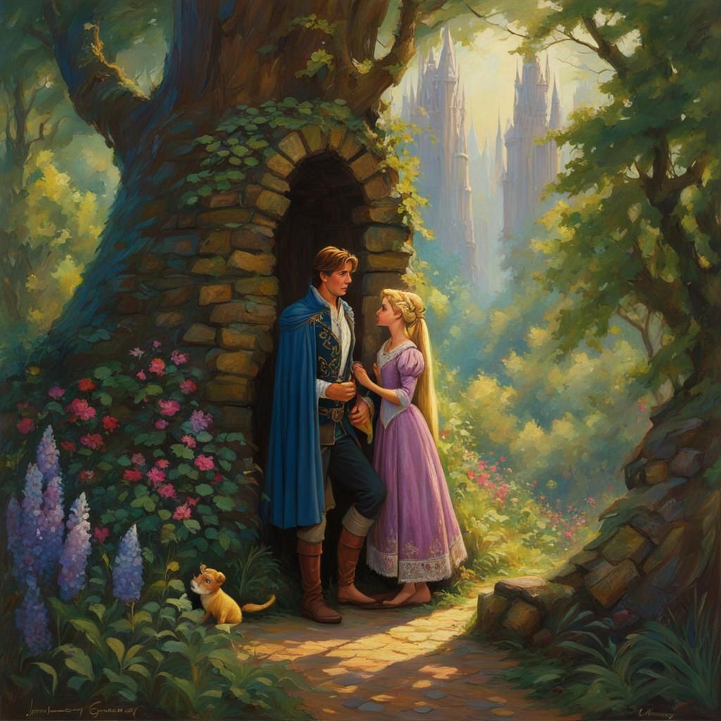 Rapunzel and Flynn Rider in Forest, Oil Painting